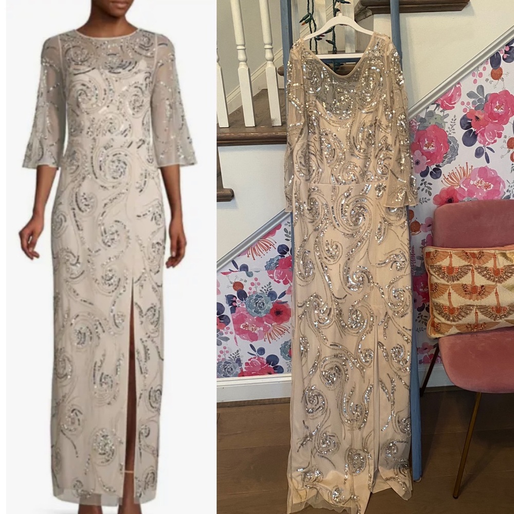 Aidan Mattox Fully Beaded Column 3/4 Sleeve Gown in Champagne